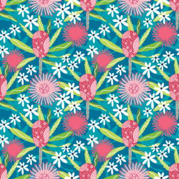 Custom Fabric 'Banksia and Blossom on Crystal Teal' by Ivy Helena