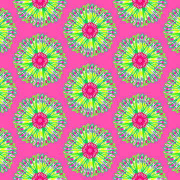 Colourful floral pattern on bright pink background.
