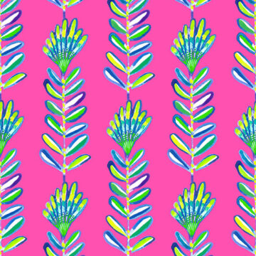 Vibrant floral pattern on bright pink background.
