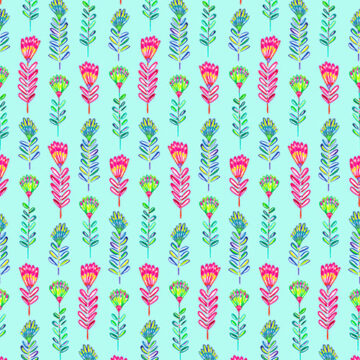 Colourful floral pattern on aqua background.