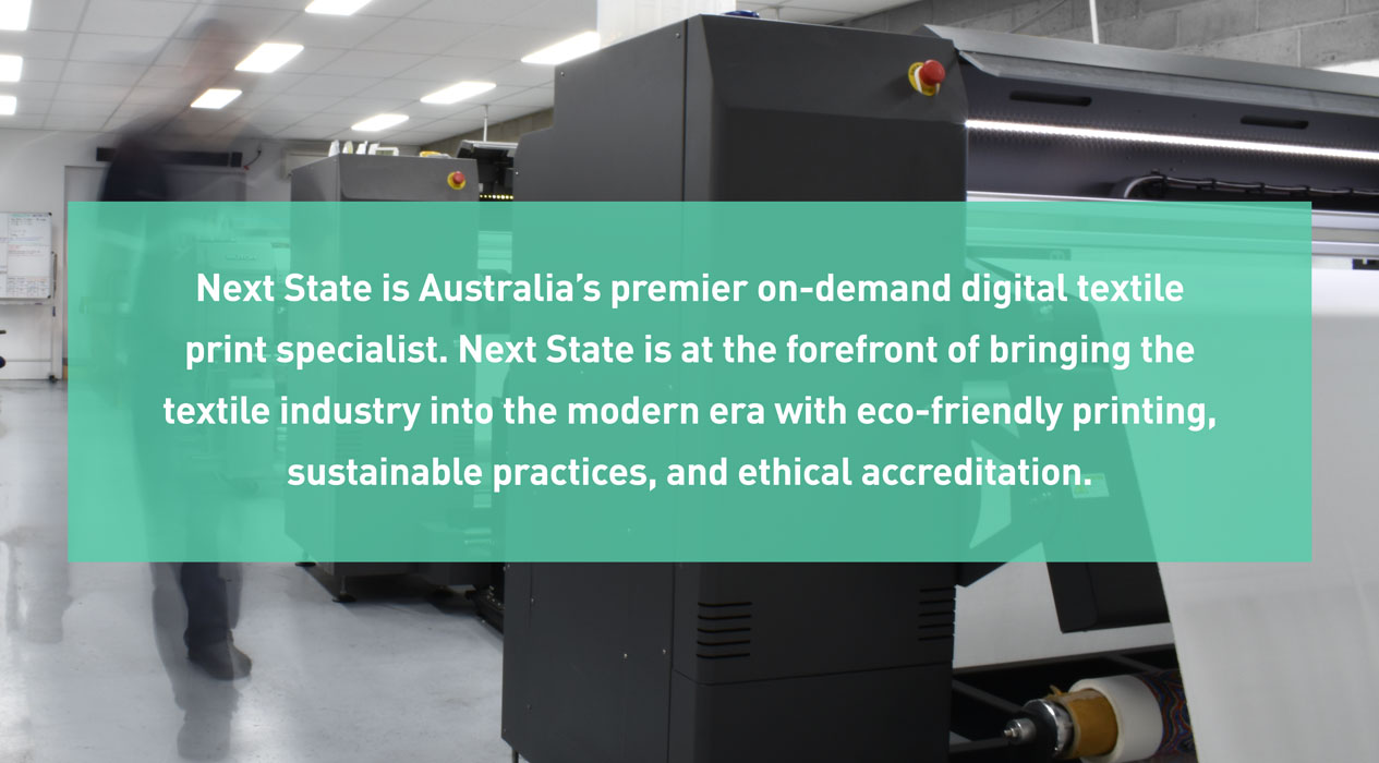 Image of Next State print room with overlaying text describing Next State as Australia's Premier on-demand print specialist