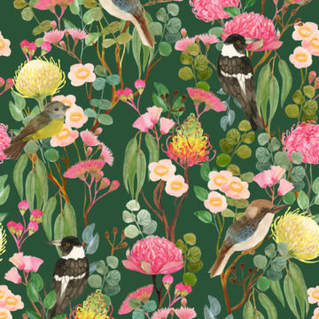 Custom Fabric 'Australian Birds and Blooms Forest' by Cecilia Mok