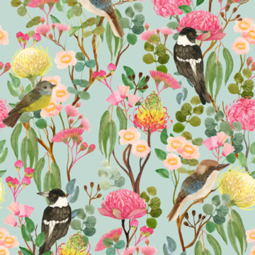 Custom Fabric 'Australian Birds and Blooms Sky' by Cecilia Mok
