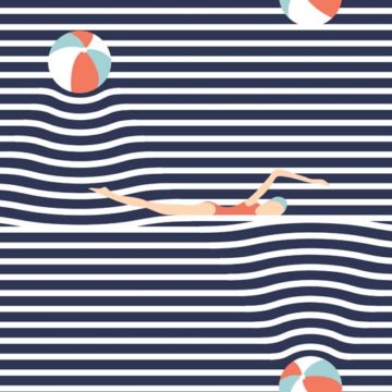 Custom Fabric 'Seaside Stripy Beach Balls and Babes Midnight' by Booboo Collective by Daniela Casadio