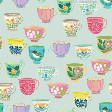 Custom Fabric 'Vintage Tea Cups Duck Egg' by Cecilia Mok