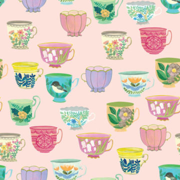 Custom Fabric 'Vintage Tea Cups Petal' by Cecilia Mok