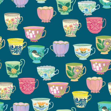 Custom Fabric 'Vintage Tea Cups Prussian Blue' by Cecilia Mok