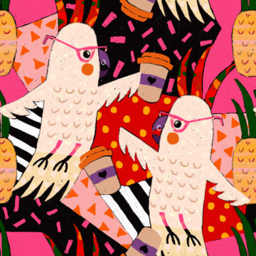 Custom Fabric 'Cockatoos Coffees' by Bronwyn Seedeen