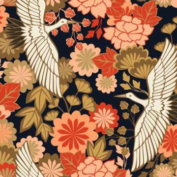 Custom Fabric 'Cranes and Chrysanthemums Black' by Cecilia Mok