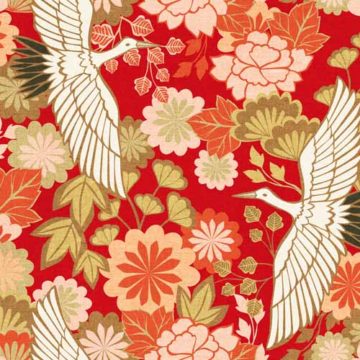 Custom Fabric 'Cranes and Chrysanthemums Red' by Cecilia Mok