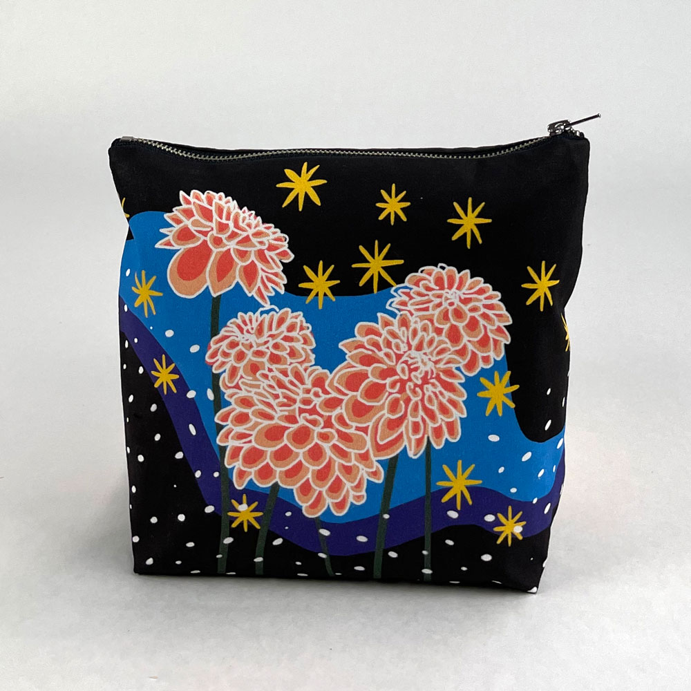 custom printed pouch with a metal zip and all over floral print