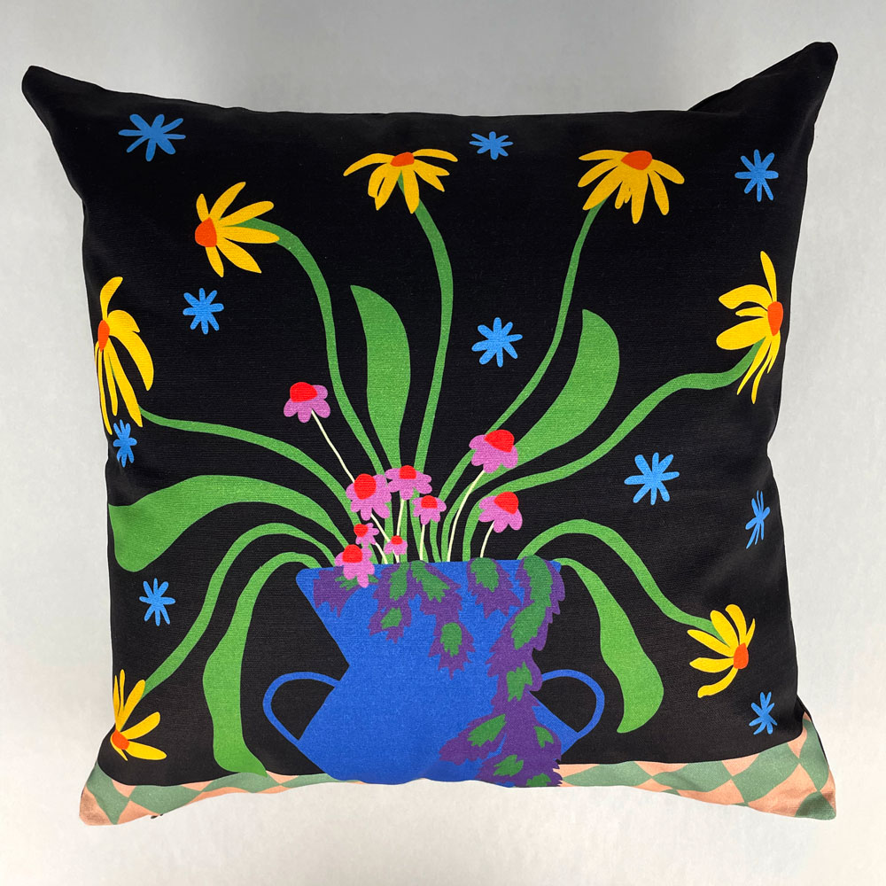 Custom printed 50cm square cushion with an illustration of cut flowers in a blue vase.
