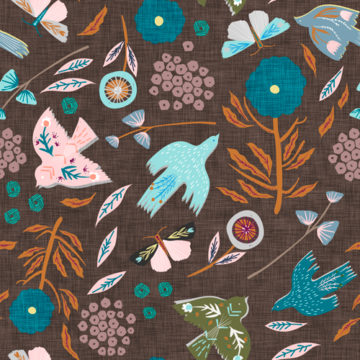 Custom Fabric 'Folk Birds Chocolate' by Esther Fallon Lau 