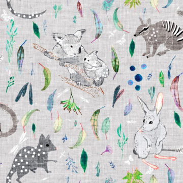 Custom Fabric 'Marsupials Silver' by Esther Fallon Lau 