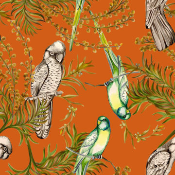 Custom Fabric 'Native Birds Orange' by Eugenia Tsimiklis