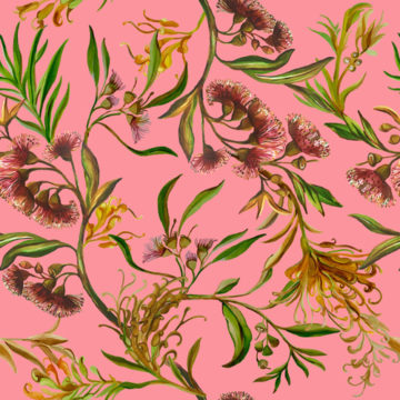 Custom Fabric 'Red Wattle Print on Pink' by Eugenia Tsimiklis