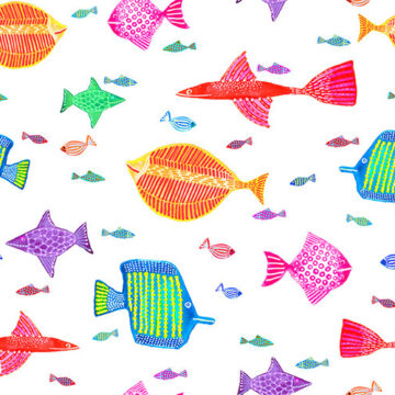 Bright and colourful fish swimming on white background.