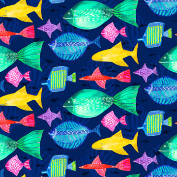 Bright and colourful fish swimming on navy blue background.