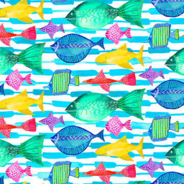 Bright and colourful fish pattern on a blue and white striped background.