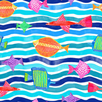 Bright and colourful fish pattern on a blue and white wavy background.