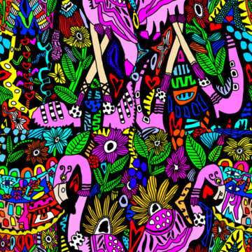 Custom Fabric 'Flamingo Perks Black' by Antayjo Art (Ang Watson)