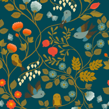 Custom Fabric 'Fruit Birds Chinoiserie Prussian Blue' by Cecilia Mok