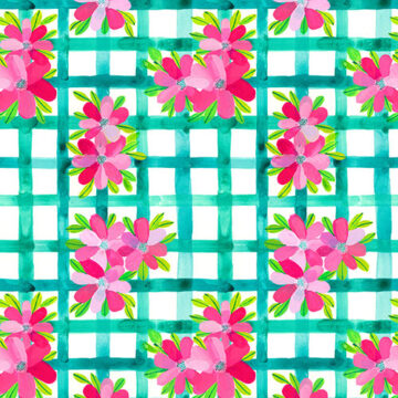 Vibrant pink flowers on a teal and white trellis background.
