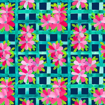 Vibrant pink flowers on a teal and navy trellis background.