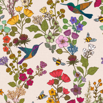 Custom Fabric 'Hummingbirds and Bees Cream' by Cecilia Mok