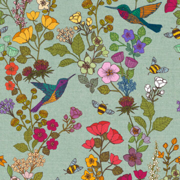 Custom Fabric 'Hummingbirds and Bees Duck Egg' by Cecilia Mok