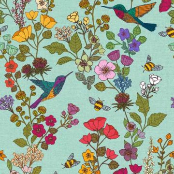 Custom Fabric 'Hummingbirds and Bees Sky' by Cecilia Mok