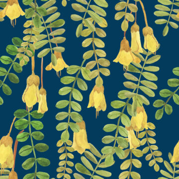 green painted foliage hanging down with yellow flowers on the end. Artwork is ready for custom fabric printing.