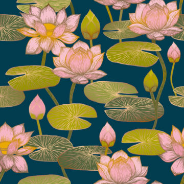 Custom Fabric 'Lotus Blossoms Prussian' by Cecilia Mok