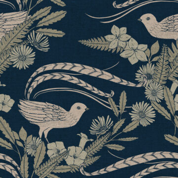 Custom Fabric 'Lyrebird Garden Prussian' by Cecilia Mok
