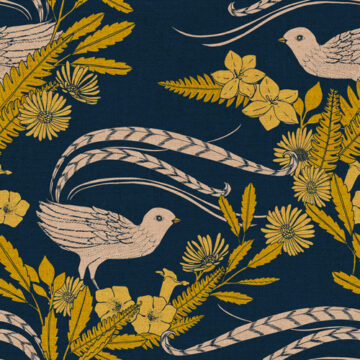 Custom Fabric 'Lyrebird Garden Wattle Prussian' by Cecilia Mok