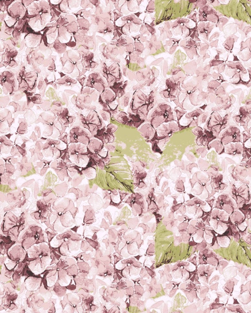 hydrangea print design of close up pink hydrangeas on a green background.