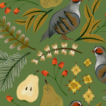 Custom Fabric 'Partridge Pear Tree Olive' by Megan Isabella