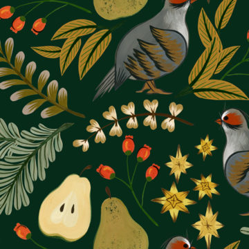 Custom Fabric 'Partridge Pear Tree Pine' by Megan Isabella