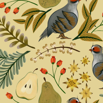 Custom Fabric 'Partridge Pear Tree Eggnog' by Megan Isabella