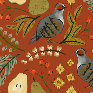 Custom Fabric 'Partridge Pear Tree Ginger' by Megan Isabella