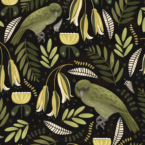 a blackbackground print with birds and green leafs in a hand drawn illustration