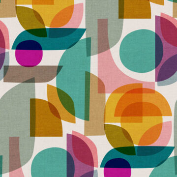 Pastel tones mid-century modern shapes overlayed in textural arrangement for a fabric print by Cecilia Mok