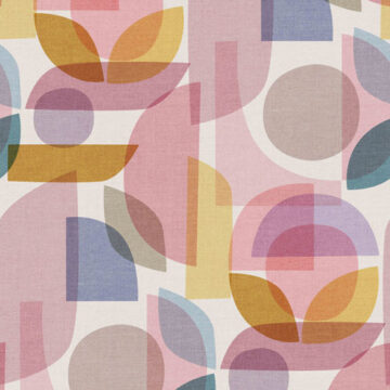 Pastel tones mid-century modern shapes overlayed in textural arrangement for a fabric print by Cecilia Mok