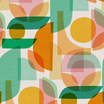 Pastel tones mid-century modern shapes overlayed in textural arrangement for a fabric print by Cecilia Mok