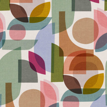 Pastel tones mid-century modern shapes overlayed in textural arrangement for a fabric print by Cecilia Mok