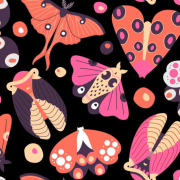 Custom Fabric 'Merry Moth Pattern on Black' by Fancy Lady Industries