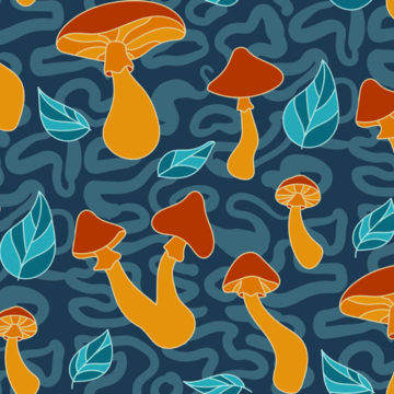 Custom Fabric 'Mushrooms Pattern Mustard Blue' by Fancy Lady Industries