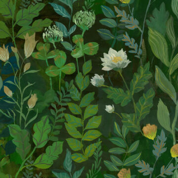 Fabric print by Cecilia Mok featuring hand painted interlacing green foliage layered onto a green background.