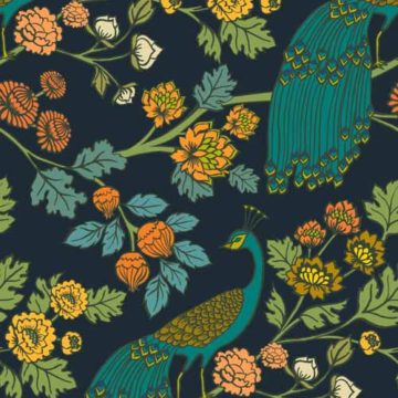 Custom Fabric 'Peacock Garden Midnight Wonderland' by Cecilia Mok