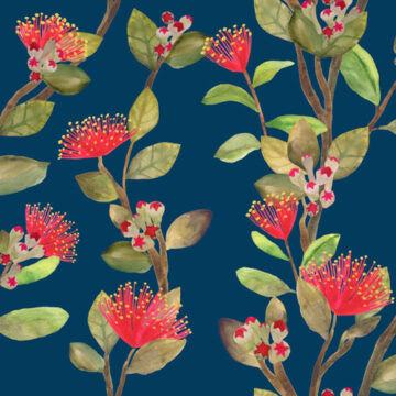 Fabric print by Cecilia Mok featuring painted pink blossoms in a line on a blue background.